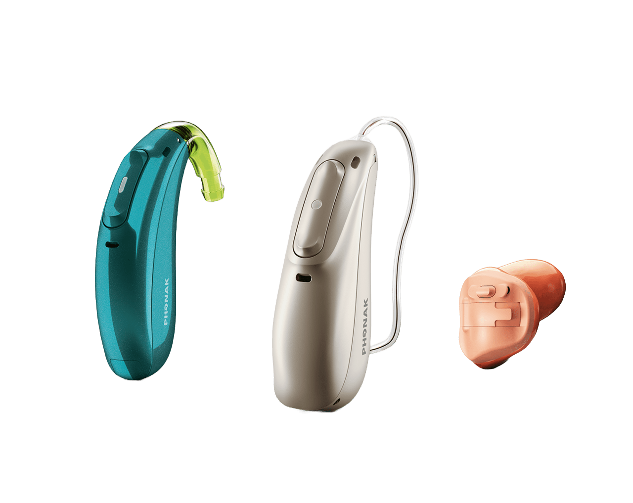 Blue, silver, and cream color assortment of hearing aids